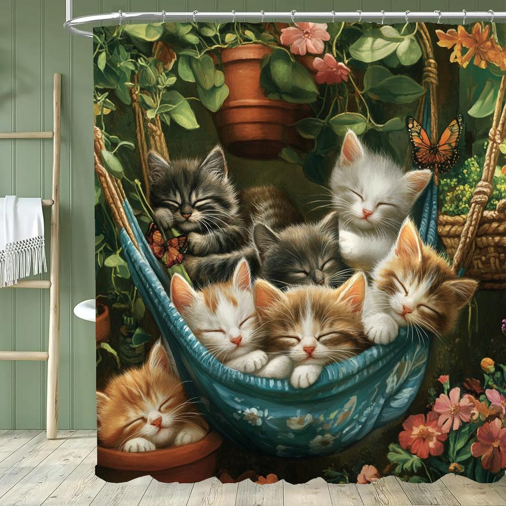 1pc Cute Cat Shower Curtain,Modern Printed Cartoon Animal Dog Bathroom Curtain,Home Polyester Decoration Curtain With Hooks