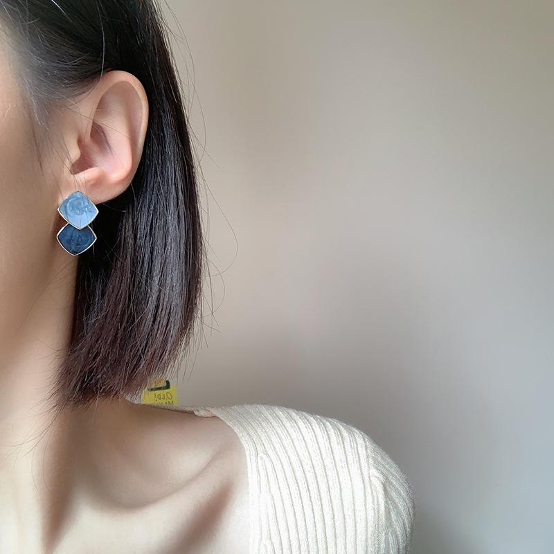 Double Layer Rhombus Drop Earrings for Women Fashion Enamel Oil Geometry Blue Brown Dangle Earrings Trendy Jewelry Gift