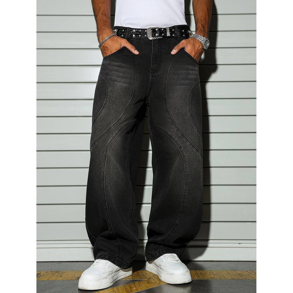 Europäische und amerikanische Hip-Hop-Baggy-Jeans Herren Amerikanischer High-Street-Stil Alt gewaschen Buchstabengravur Krummsäbel Weite Hosen