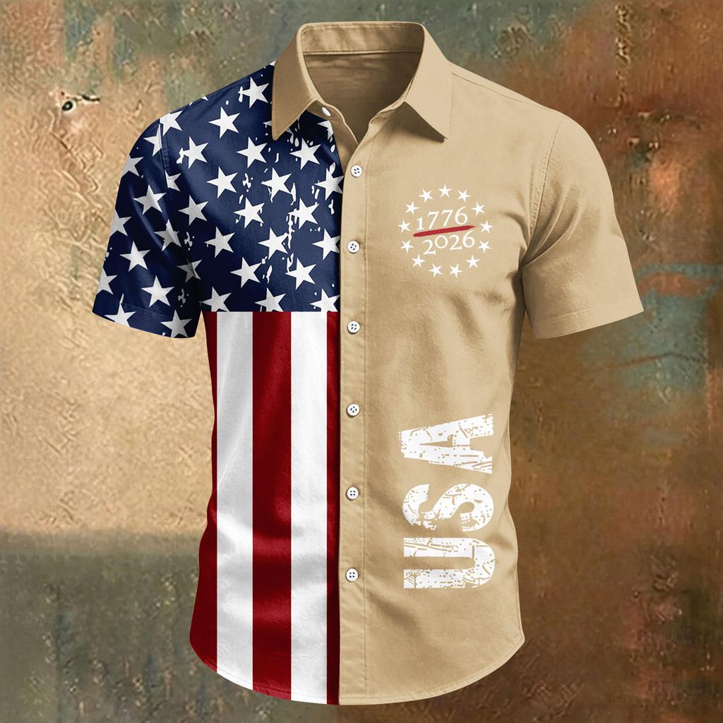 Camisa de manga corta casual deportiva para hombre con estampado del Día de la Independencia y cuello