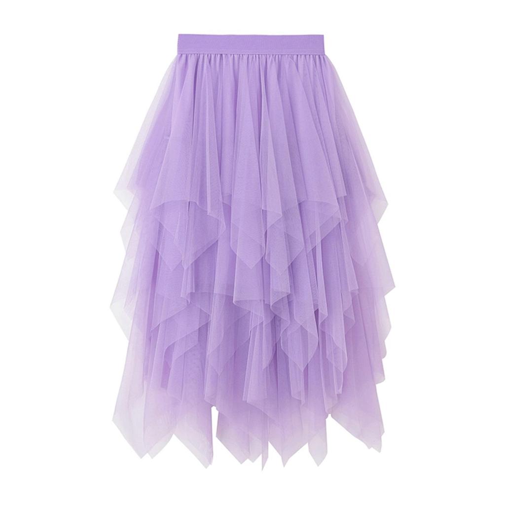 Gonna alla moda sexy da donna in rete a tinta unita, gonna a bolle irregolare in tulle elastico, vita quotidiana e vacanza