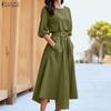 Women Casual Round Neck Solid Color 3/4 Sleeve Loose Dress