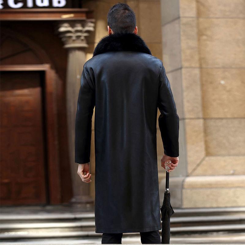 Παχύ μακρύ δερμάτινο παλτό ανδρικό πέτο γούνα με ένα γόνατο Δερμάτινο παλτό ανδρικό παλτό