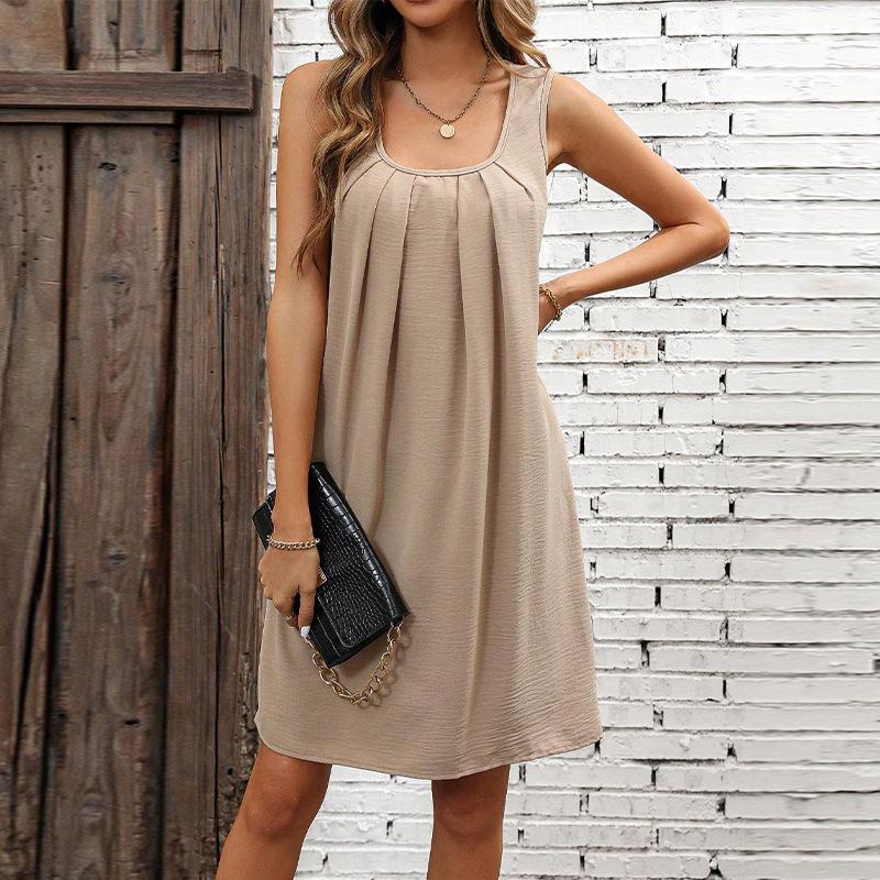 

Women Summer Casual Sleeveless Solid Color Pleated One Piece Dress XL абрикосовий