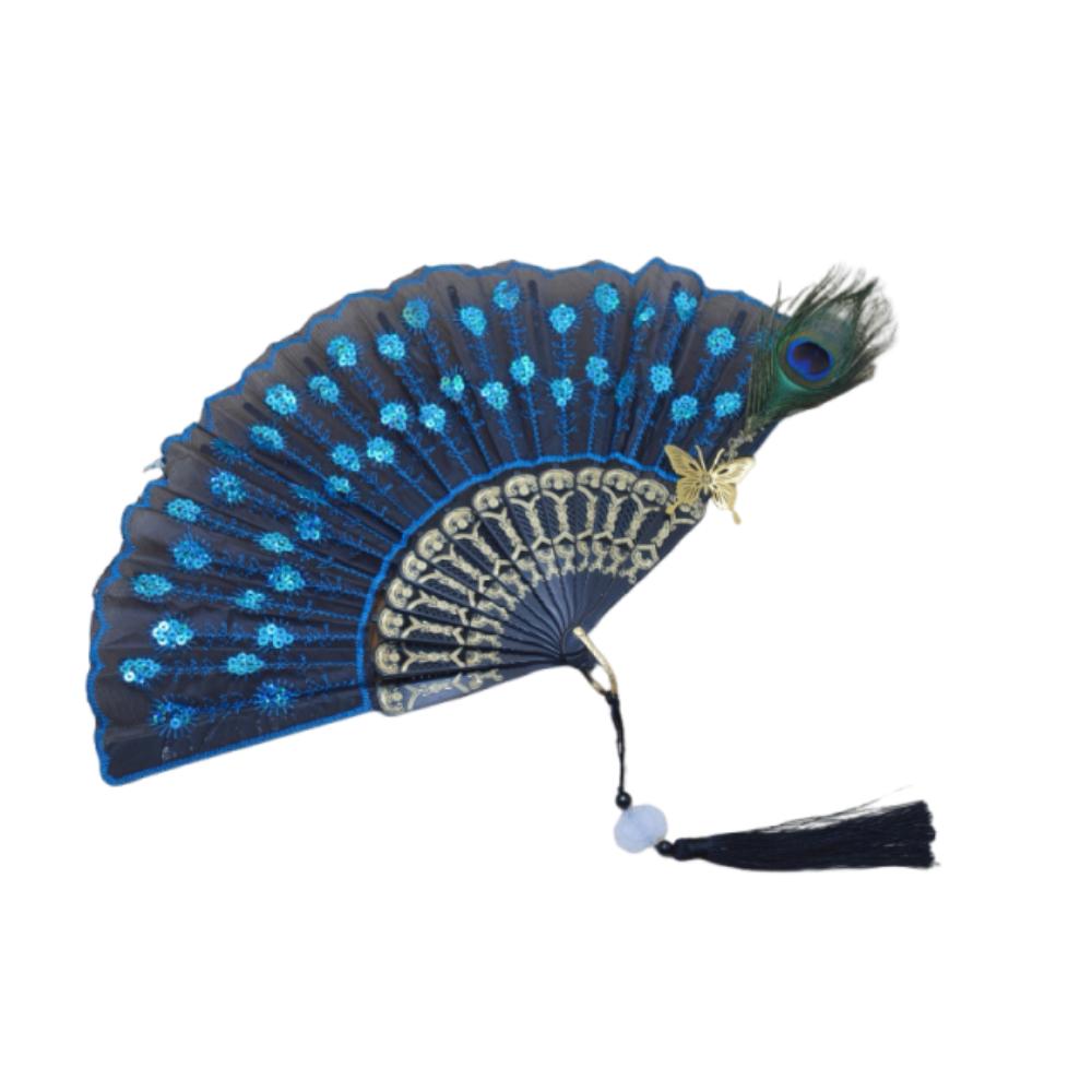 

Chinese Style Peacock Feather Folding Fan Portable Exquisite Embroidery Sequin Fan Classical Retro Elegant Handheld Fans синій