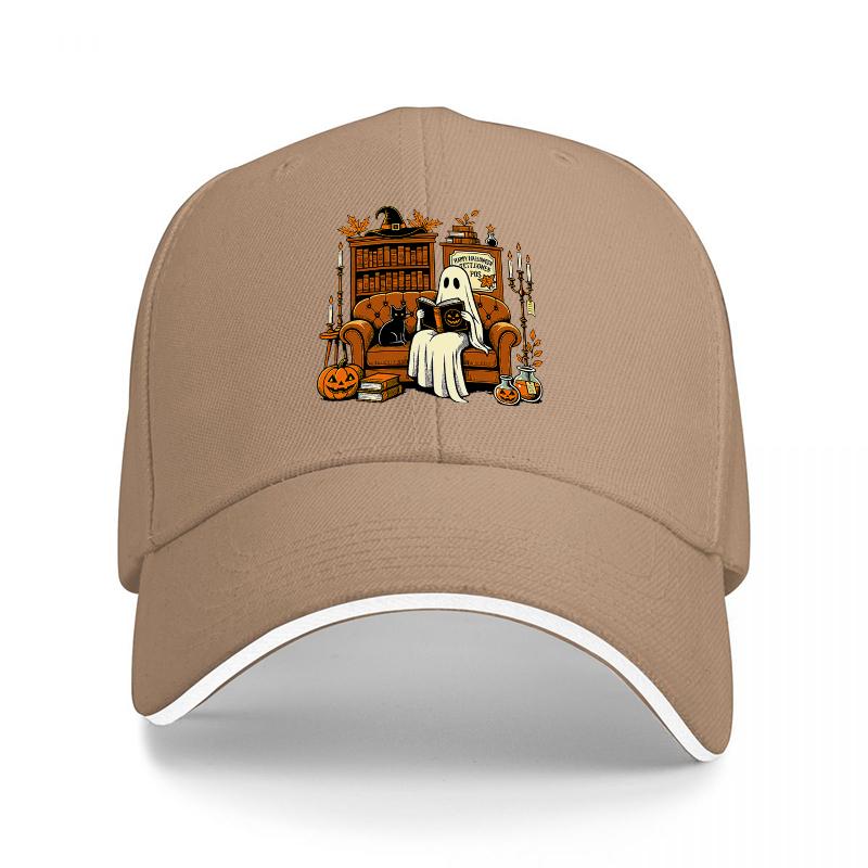 Halloween Ghost Reading Bookshelf Scene Baseball Cap Spooky Library Design Black Adjustable Hat for Adults