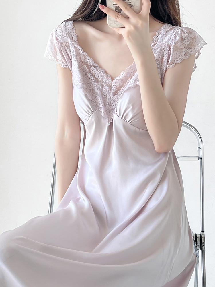 Women s Spaghetti Strap Mulberry Silk Nightgown with Built-in Bra - Chic Summer Dress & Pajamas L светло-фиолетовый