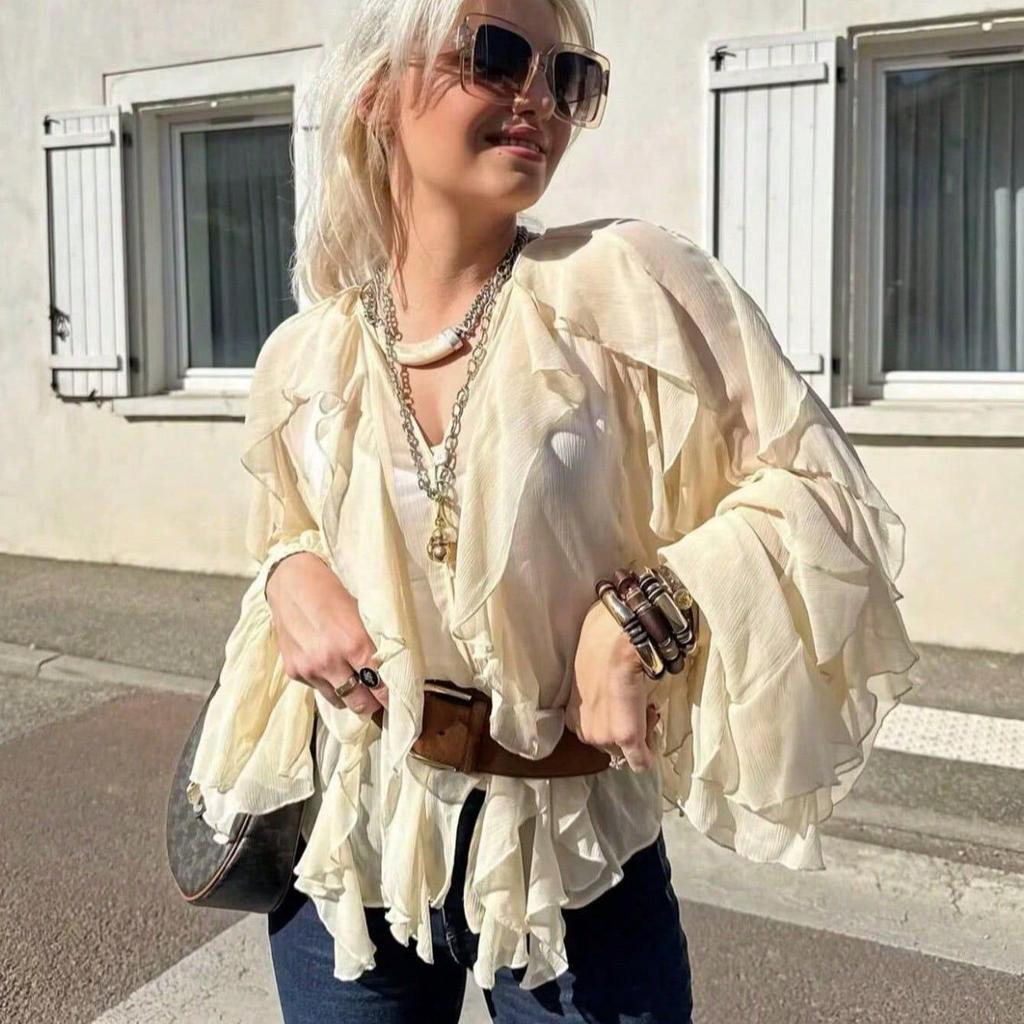 European and American V-Neck Layered Long-Sleeve Women's Spring/Summer Pullover Shirt