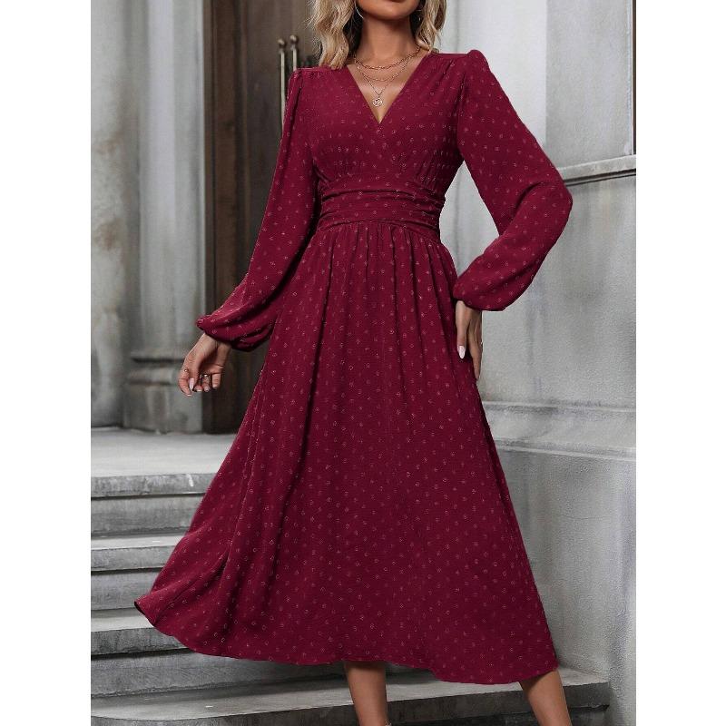 JPNTKY Fashion Spring Autumn Solid Color Print Long Sleeve V-Neck Casual Dresses