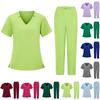 Women's Short Sleeved Color V Neck Pocket Top Pants Work Clothes Two Piece Set