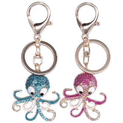2PCS Fashion Octopus Shaped Rhinestones Keychain Key Ring Bag Charm Pendant Gift(Blue Rose Red )