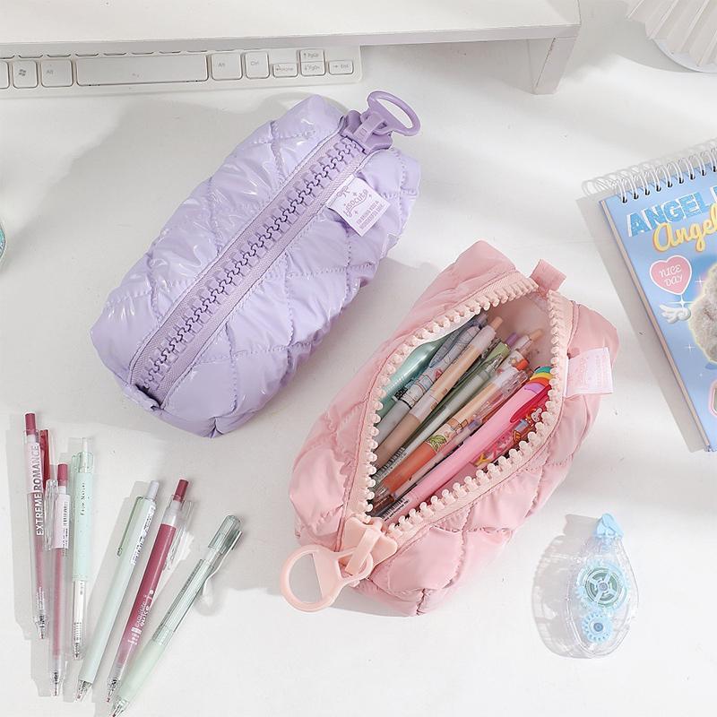 Puffer Leather Pencil Case For Women Vanilla Aesthetic Pencil Pouch With Zipper Stationery Make Up Storage Bag