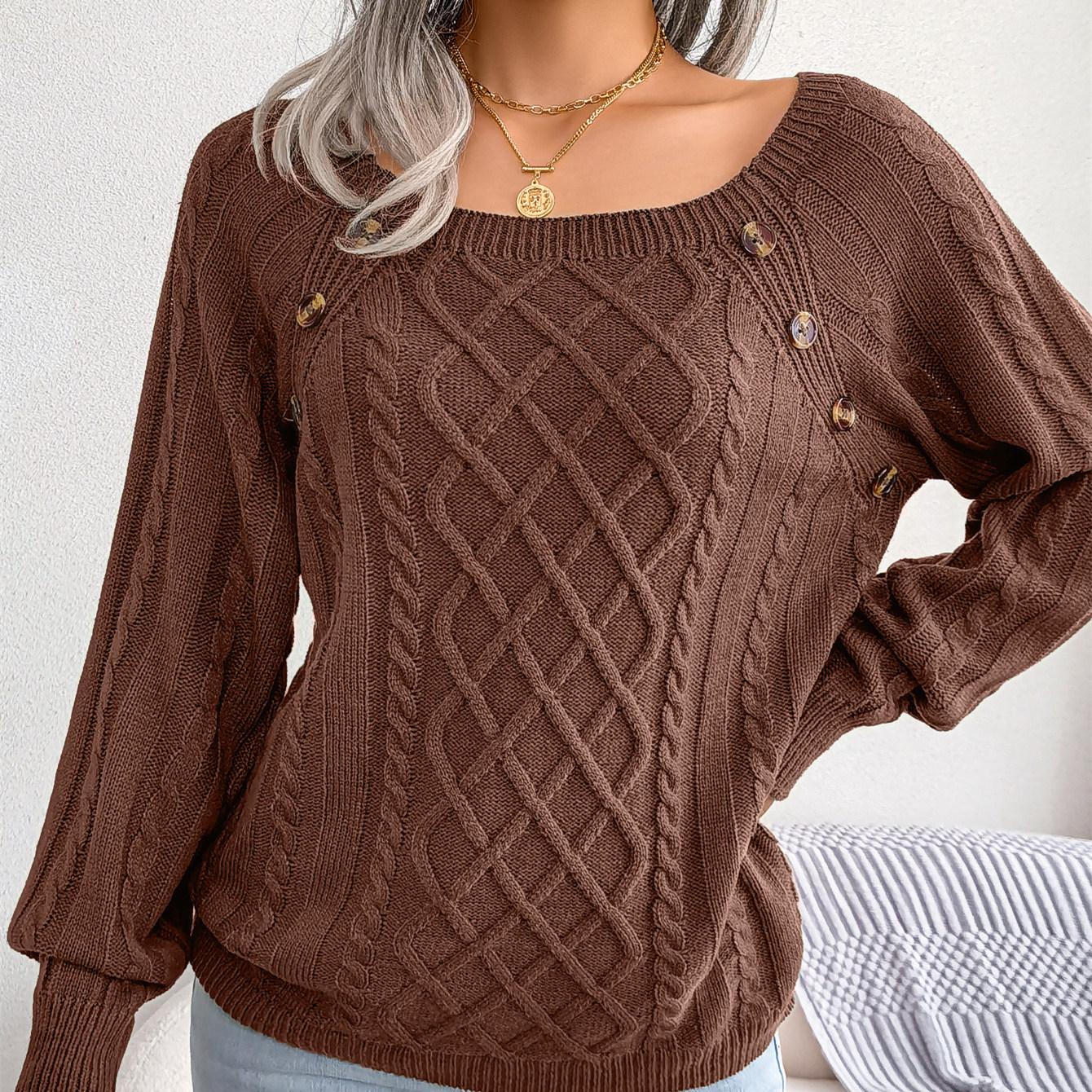 

Осенне-зимний свитер для женщин, повседневный свитер с квадратным вырезом и пуговицами из жареного теста, трикотажный свитер S кофейный