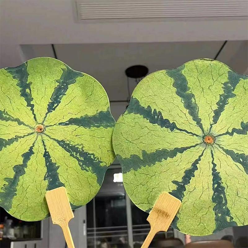 Ventilátor s potiskem melounu Melounový oranžový potisk Kulatý ventilátor s dřevěnou rukojetí Pro cestování v přírodě Kempování Lehký Pro léto