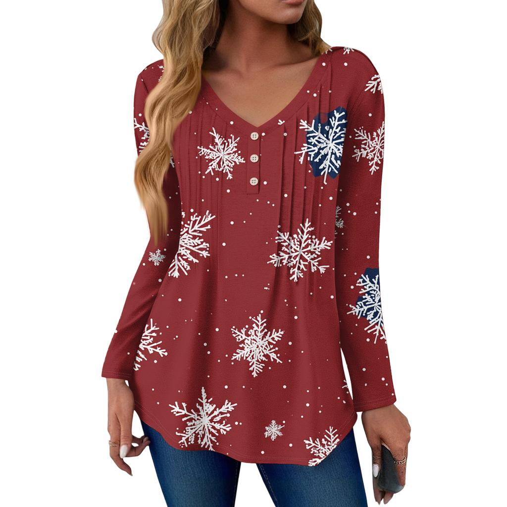 Women's Fashion Casual Christmas Tree Print V-Neck Decorative Button Long Sleeve T-Shirt Top