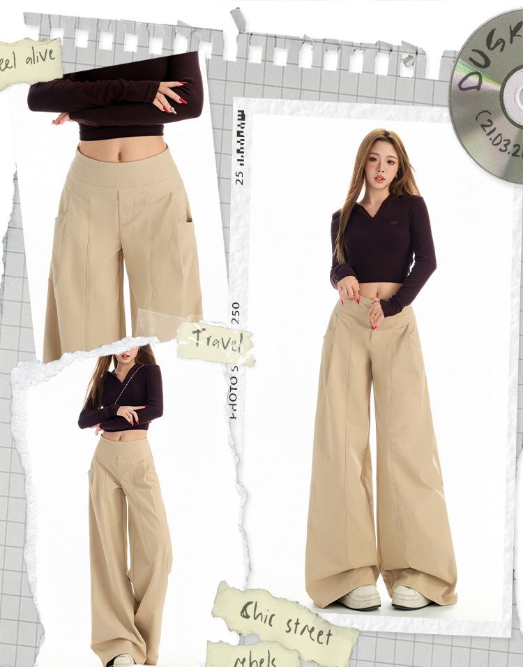 2025 Women's Autumn Khaki Wide-Leg Casual Drapey Floor-Length Pants