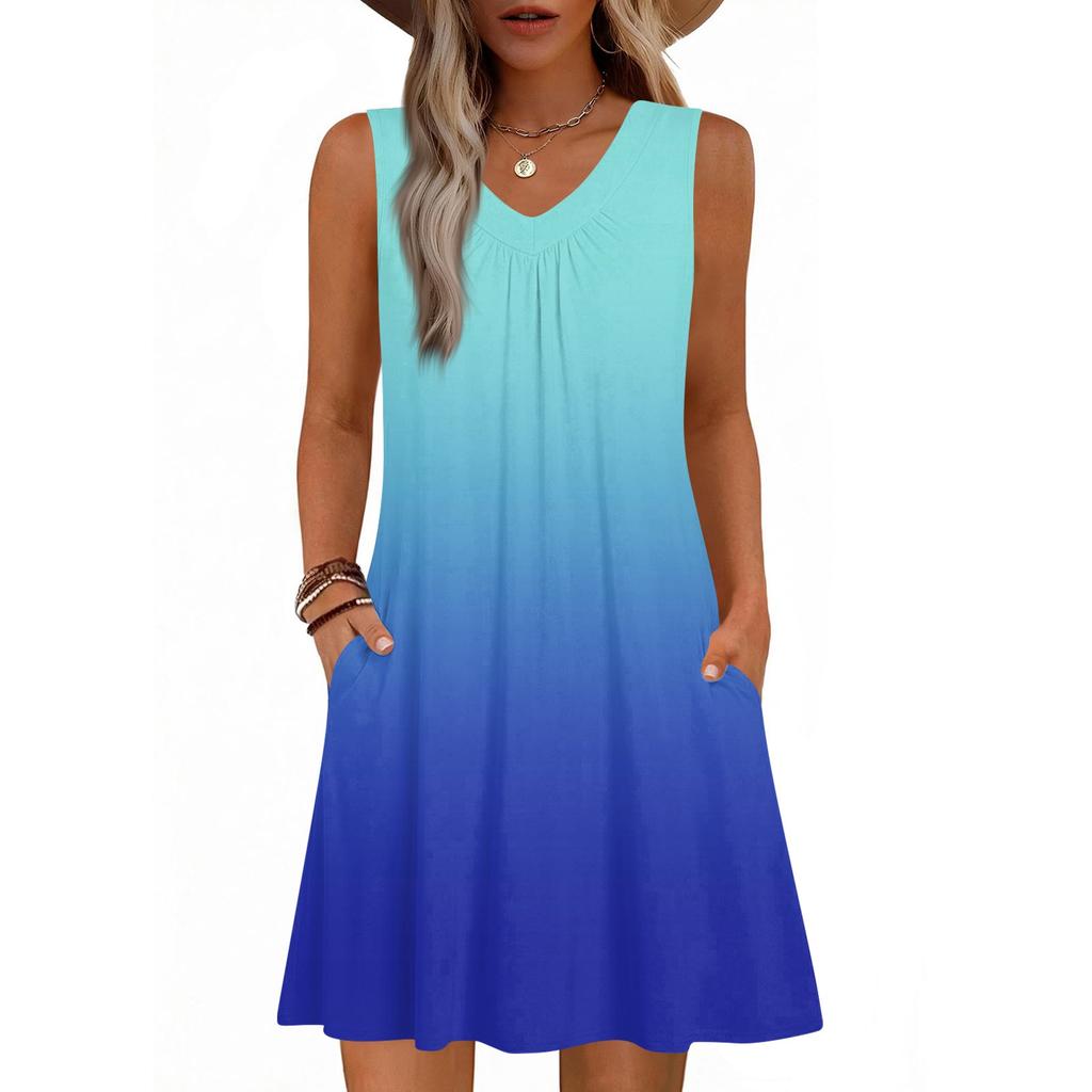 Dámské módní letní tílko bez rukávů s V-výstřihem, s kapsou, ležérní volné šaty