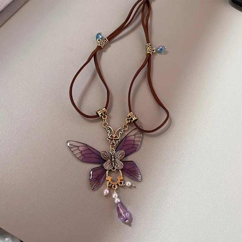 Fashion Vintage Purple Resin Butterfly Pendant Brown Leather Rope Necklace For Women Y2K Goth Unique Neck Chain Jewelry Gifts
