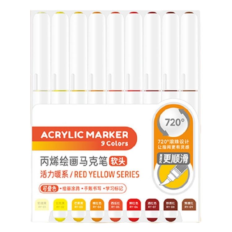 9 Color Acrylic Paint Pen with Brush Tip Liquid Acrylic Paint Marker Pen for Journaling Painting Coloring Card Making