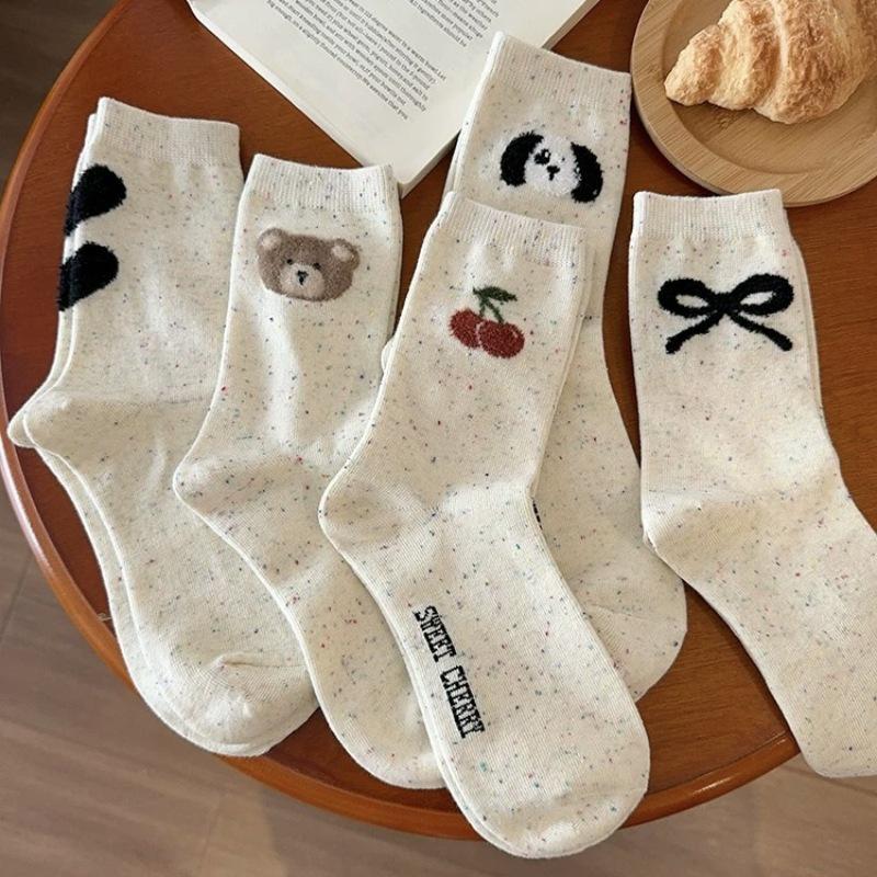 Women's Cute Bowknot Dot Tulle Socks - Mid-Calf, Korean Cartoon Bear, Japanese Color Dots