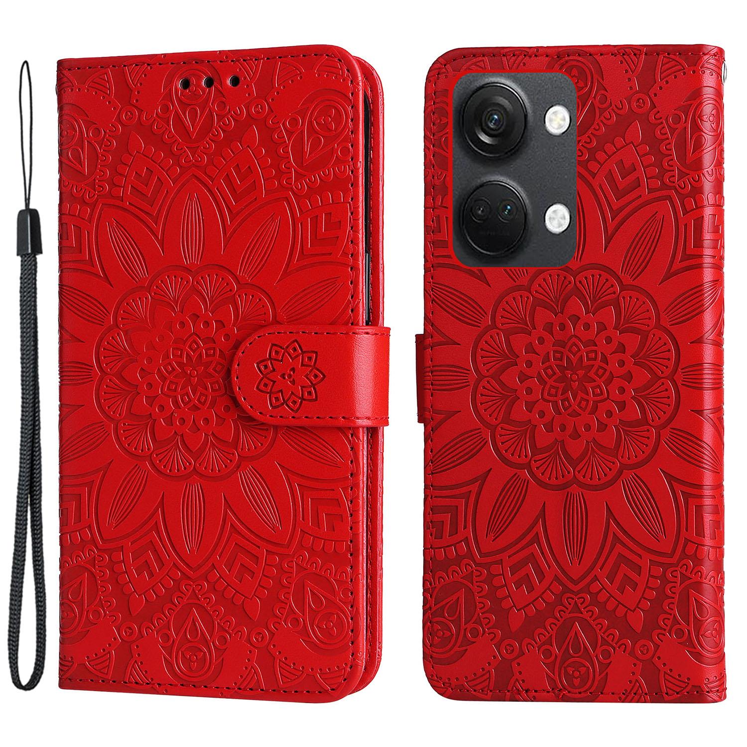 

For OnePlus Nord 3 5G/Ace 2V Sunflower Imprinted PU Leather Cover Anti-drop Wallet Stand Phone Case Red
