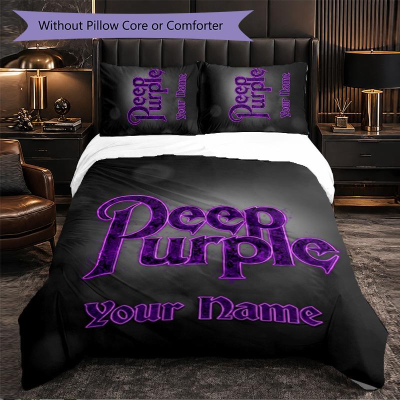 Deep Purple Customized Name Text Bedding Set, 1 Duvet Cover & 2 Pillowcases Personalized Bedroom Gift
