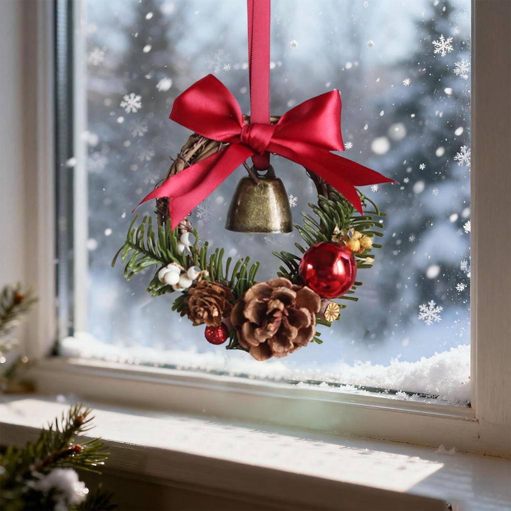 Christmas Wreath 5 Inch Mini Wreath Bell Bow Decor Artificial Holiday Garland For Christmas Holiday Fireplace Mantle Porch