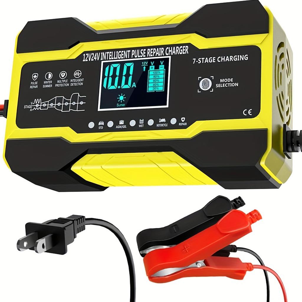 Car Battery Charger Full Auto Motorcycle 12V 24V Pulse Repair LCD Display Smart Fast Charge AGM Deep Cycle GEL Lead-Acid Charger