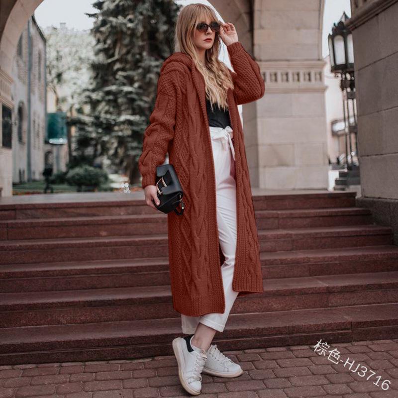 2026 European & American Solid Color Hooded Long Cardigan: Autumn/Winter Cable Knit Sweater for Women