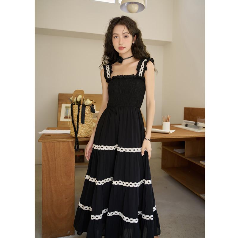 

Mishow Французские винтажные платья с ремешками для спагетти для женщин 2023 Креативные платья без рукавов с квадратным воротником А-силуэта черного чая Женская одежда MXC33L1466