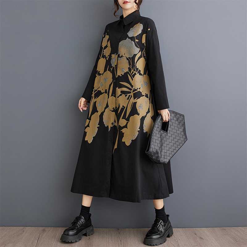 

Loose Large Size Splicing Casual Simple Printed Sweet Long Sleeve Shirt Dresses One Size чёрный