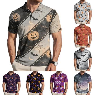 Men's Halloween Print Casual Short Sleeve Polo Shirt Lightweight Breathable Fabric Comfortable Fit Suitable for Everyday Wear and Seasonal Events