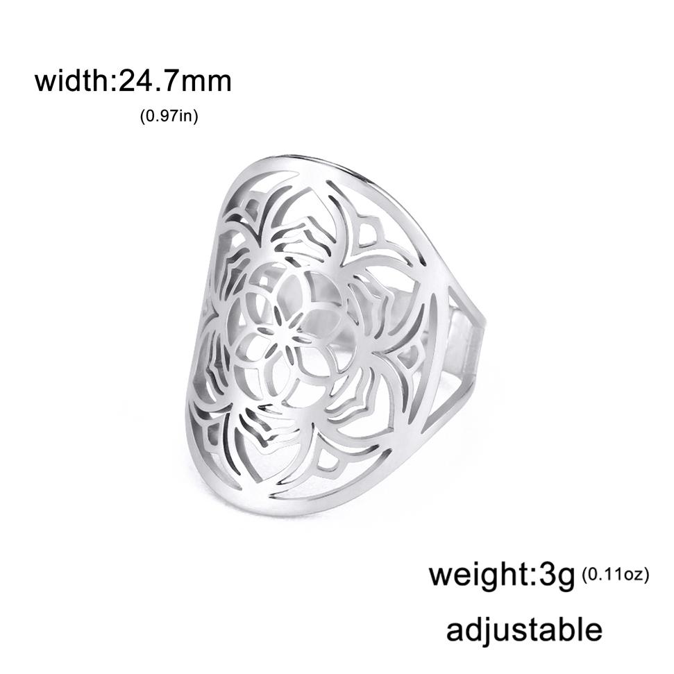 Flower of Life Ring Vintage Adjustable Stainless Steel Sacred Geometry Rings for Women Amulet Jewelry Gift