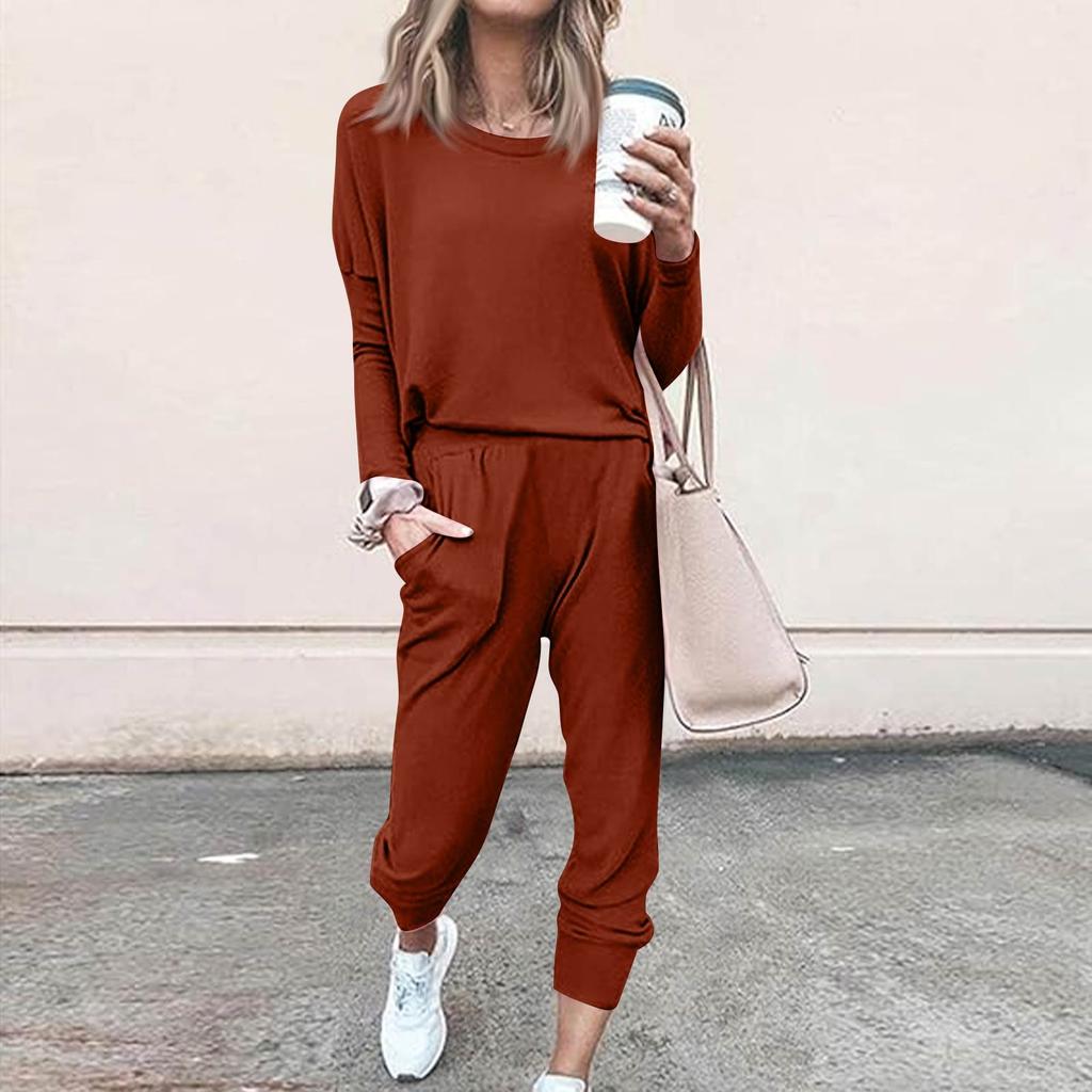 Sets For Women 2 Piece Round Neck Long Sleeve Shirts Colid Sweatpants Pocket Sets