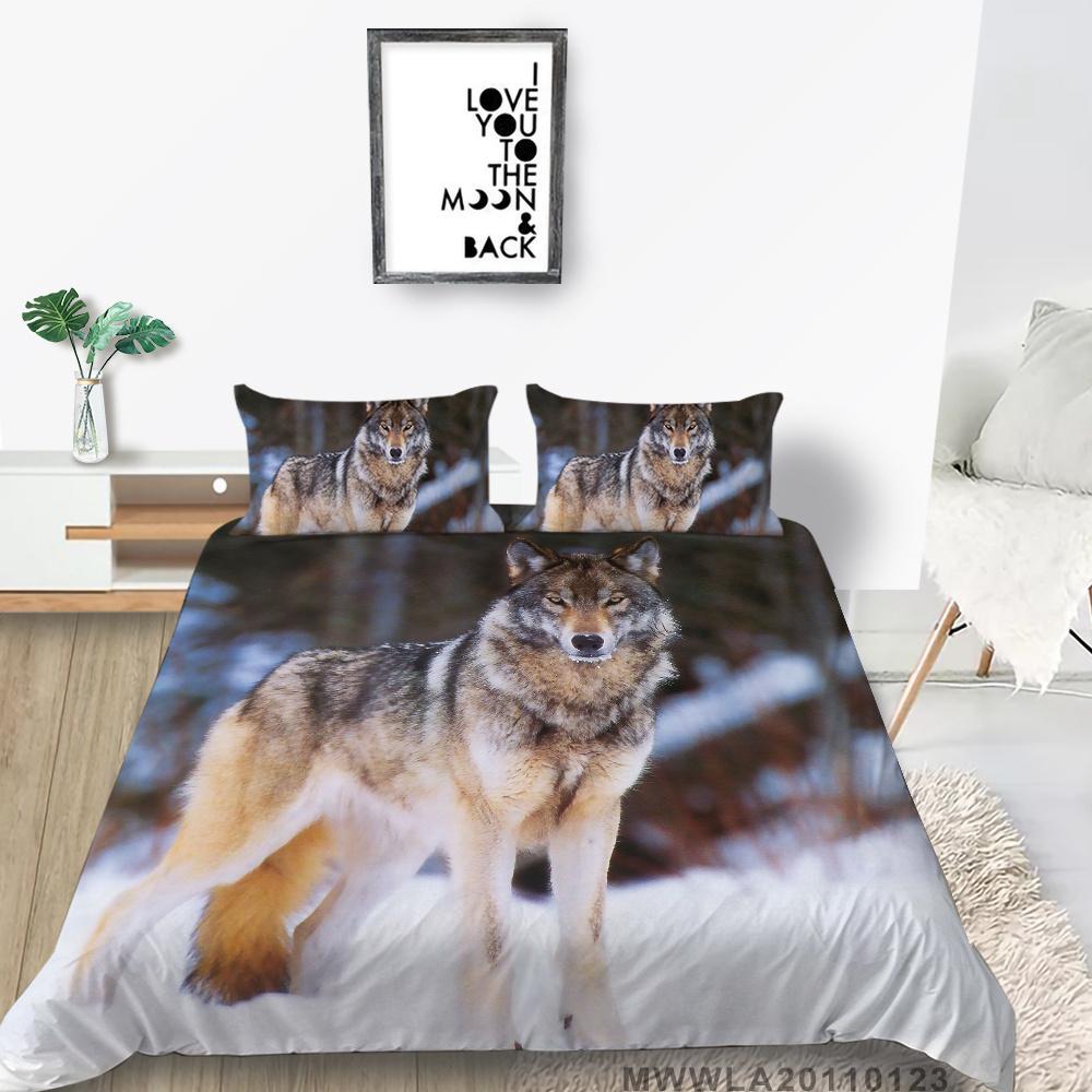 Hot Salg Dynetrekksett 2/3 stk Sengedrakt Wolf Printing Dynetrekksett Grønn soveromsdekorasjon