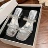 2025 new summer slippers outer wear fairy square head double row one-word diamond belt transparent thick heel sandals women's high heels