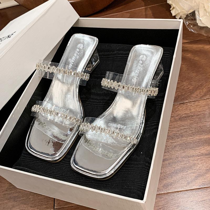 2025 new summer slippers outer wear fairy square head double row one-word diamond belt transparent thick heel sandals women's high heels