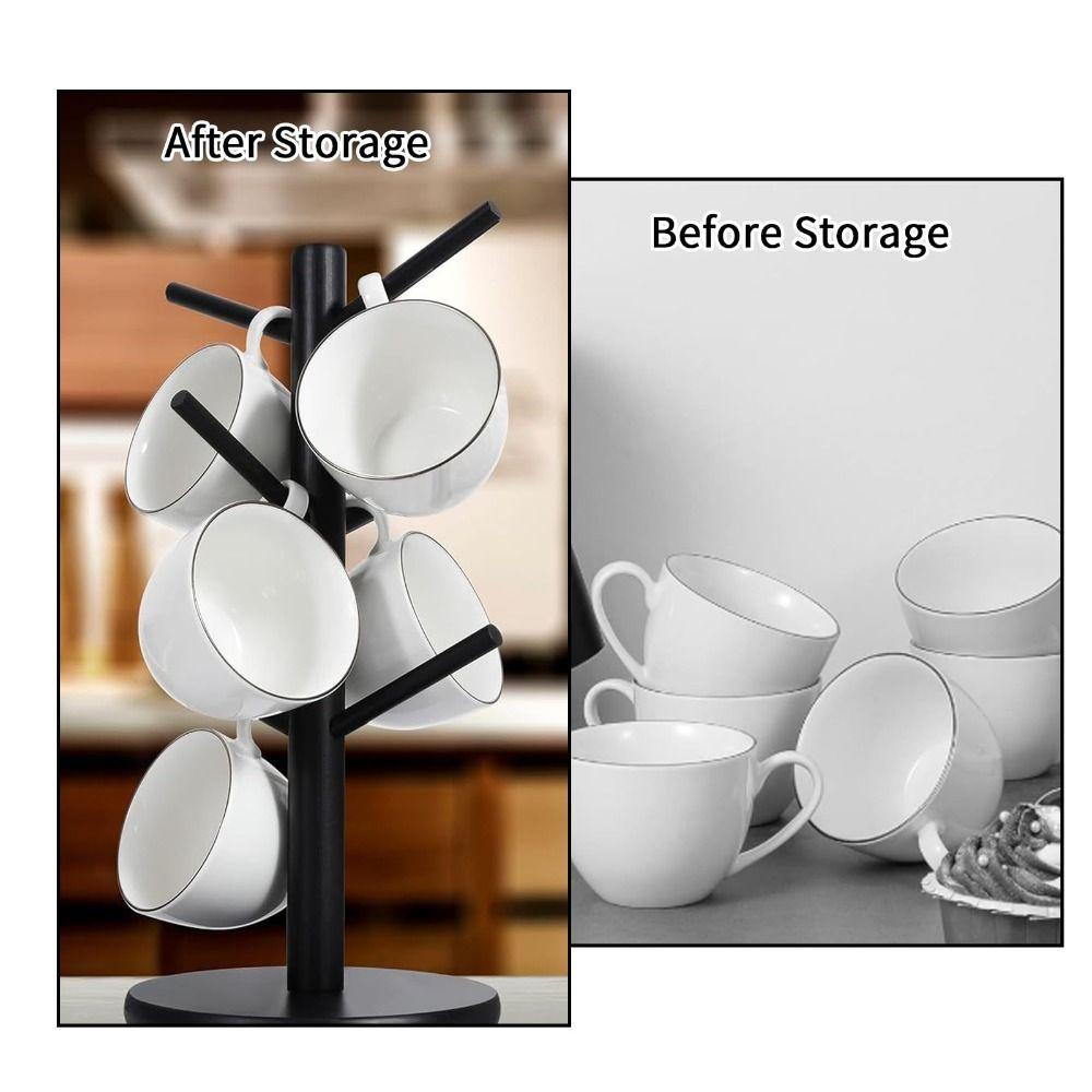 6 Haken Bambus Kaffeetassenhalter Verdickte Basis Holzmaterial Tassenbaum Baumform Stabiles Design Kaffeetassenständer Küchenaufbewahrung
