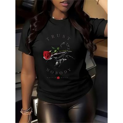 1pc Women's Trust No One Scorpion & Rose Graphic T-Shirt - Casual Black Short Sleeve Tee, Mother's Day & Valentine's Gifts, Outing Attire