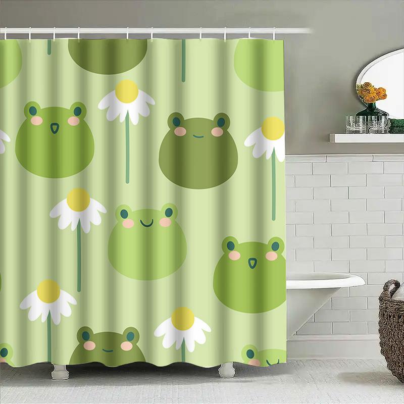 Adorable Frog Daisy Pattern Shower Curtain Green Floral Decor For Bathroom Waterproof Fabric Perfect Gift Idea For Kids Adults A