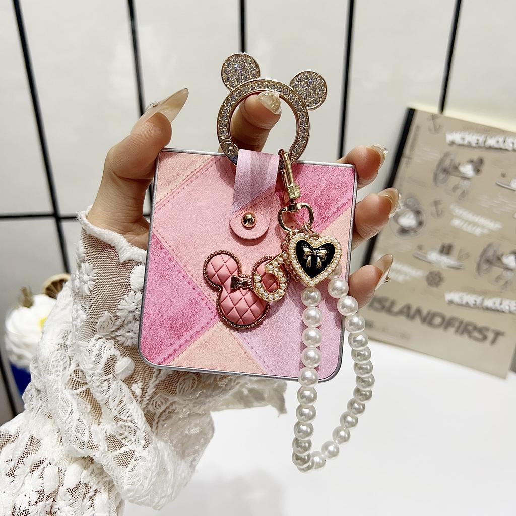 3D Silver Edged Ring Wrist Strap Retro Mouse Phone Case with Pearl Bracelet for Samsung Galaxy Z Flip 7 FE 6 5 4 3 Flip7