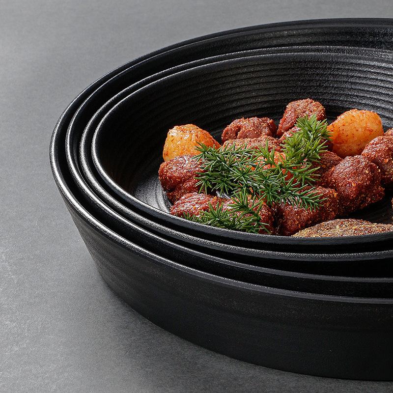 Unbreakable Dinner Plates Food Storage Tray Round Black Melamine Porcelain Barbecue Dishes Dishwasher Safe BPA Free Kitchen Tool