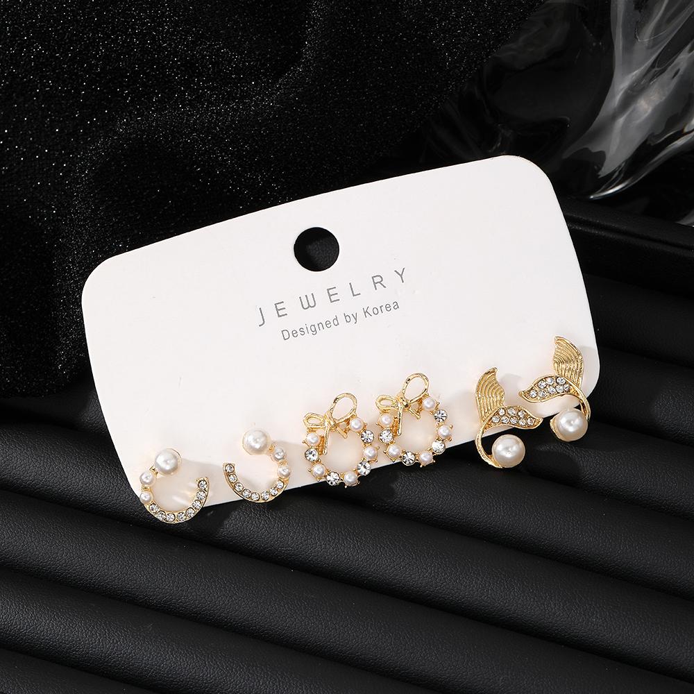 2023 Mermaid Tail Bow Deluxe Card Holder Earrings 3 Pcs White Crystal Elegant Earrings Diamond Love Pearl Girl Cute Earrings Set Decoration Gift