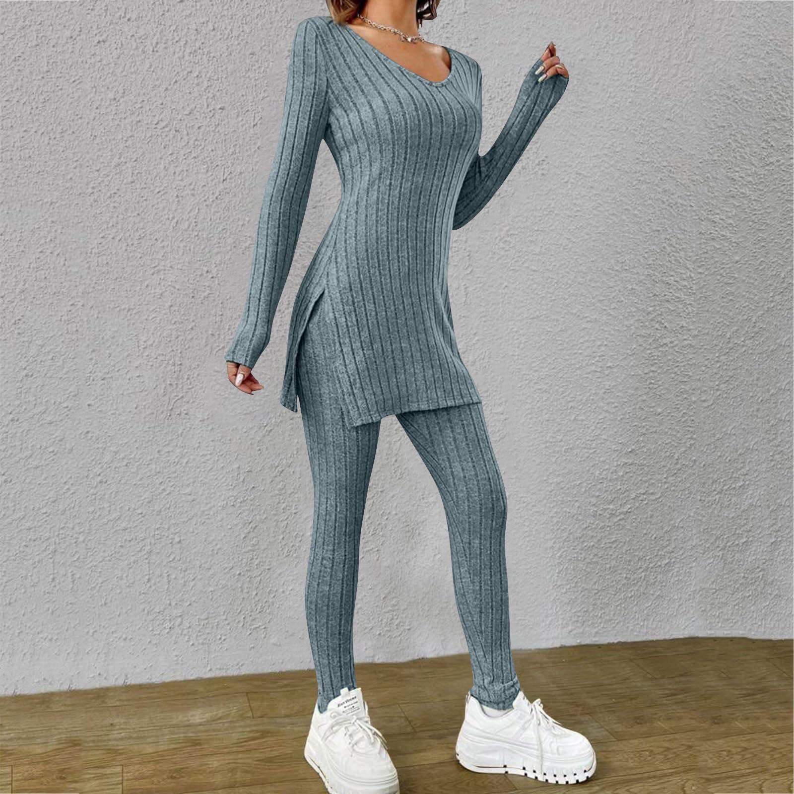 

Женская мода с длинным рукавом, весенний повседневный костюм с длинным рукавом и V-образным вырезом, свободные брюки XL синий