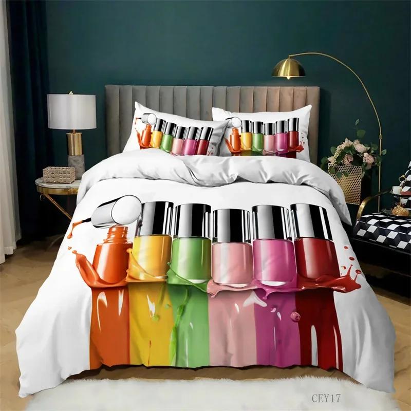Fashion Bedding Set Makeup Cosmetic Theme Duvet Cover Polyester Perfume Lipstick Nail Polish Brush Print Quilt Cover King Size