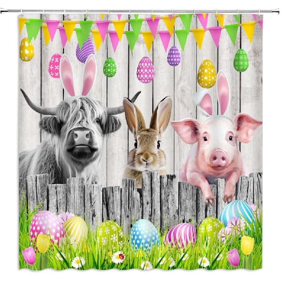 Easter Farmhouse Shower Curtain Bunny Colorful Eggs Rabbit Cute Rustic Animal Cow Pig Spring Holiday Vitange Wooden Plank Bull Bathroom Curtain Set