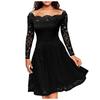 Women's  Casual Fasion Solid Color Strapless Hollow Out Long-sleeve Waist A-line Big Swing Lace With  Dress