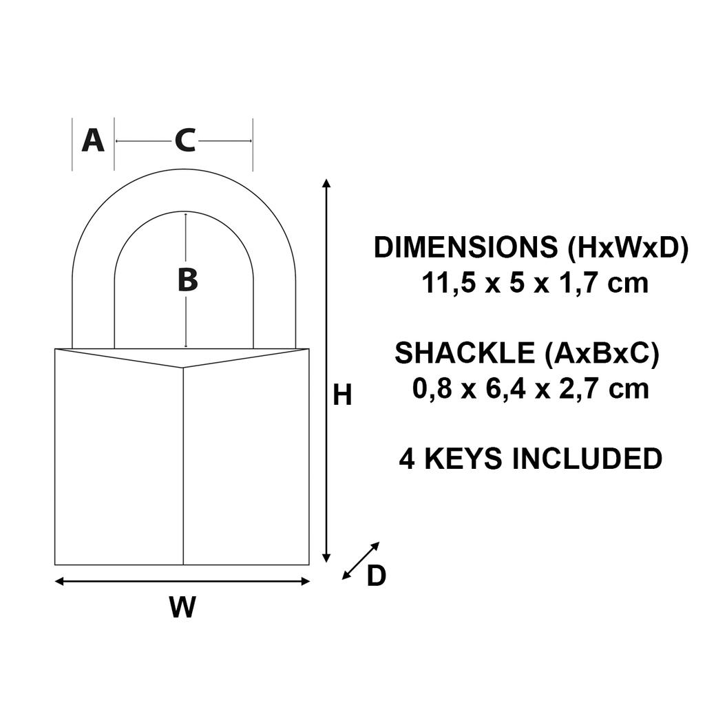 Master Lock Brass Padlock with Thick Body and Long Shackle, Key, 50x115x17 mm