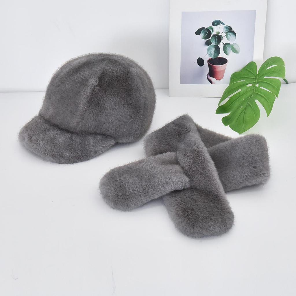 Autumn Winter Women's Faux Mink Fur Baseball Cap, Faux Fur Warm Hat Scarf Set 2Pcs, Outdoor Travel Lady Cap & Scarf Combo