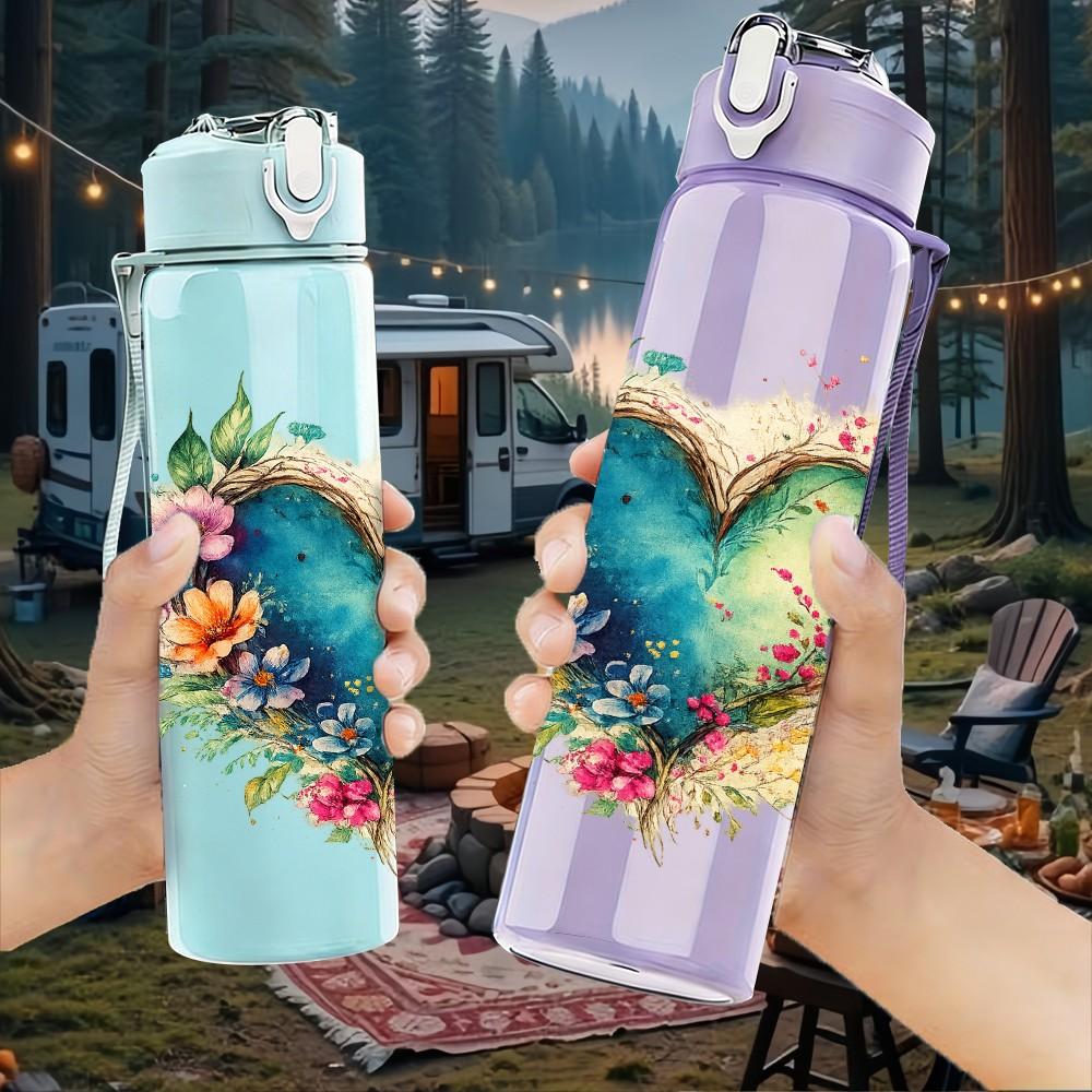 1PC Floral Wreath Heart Art Print 750ml Color Plastic Sports Water Bottle Leakproof Flip Straw Lid Suitable for Sports Office Home Use